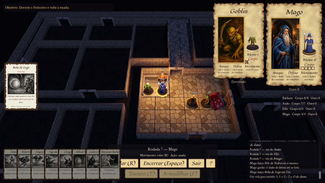 Captura do jogo: sala da masmorra em 3D com Bárbaro, Anão, Elfo e Mago; fichas de pergaminho do Goblin e do Mago; cartas de feitiço na base da tela e o registro da rodada 7.