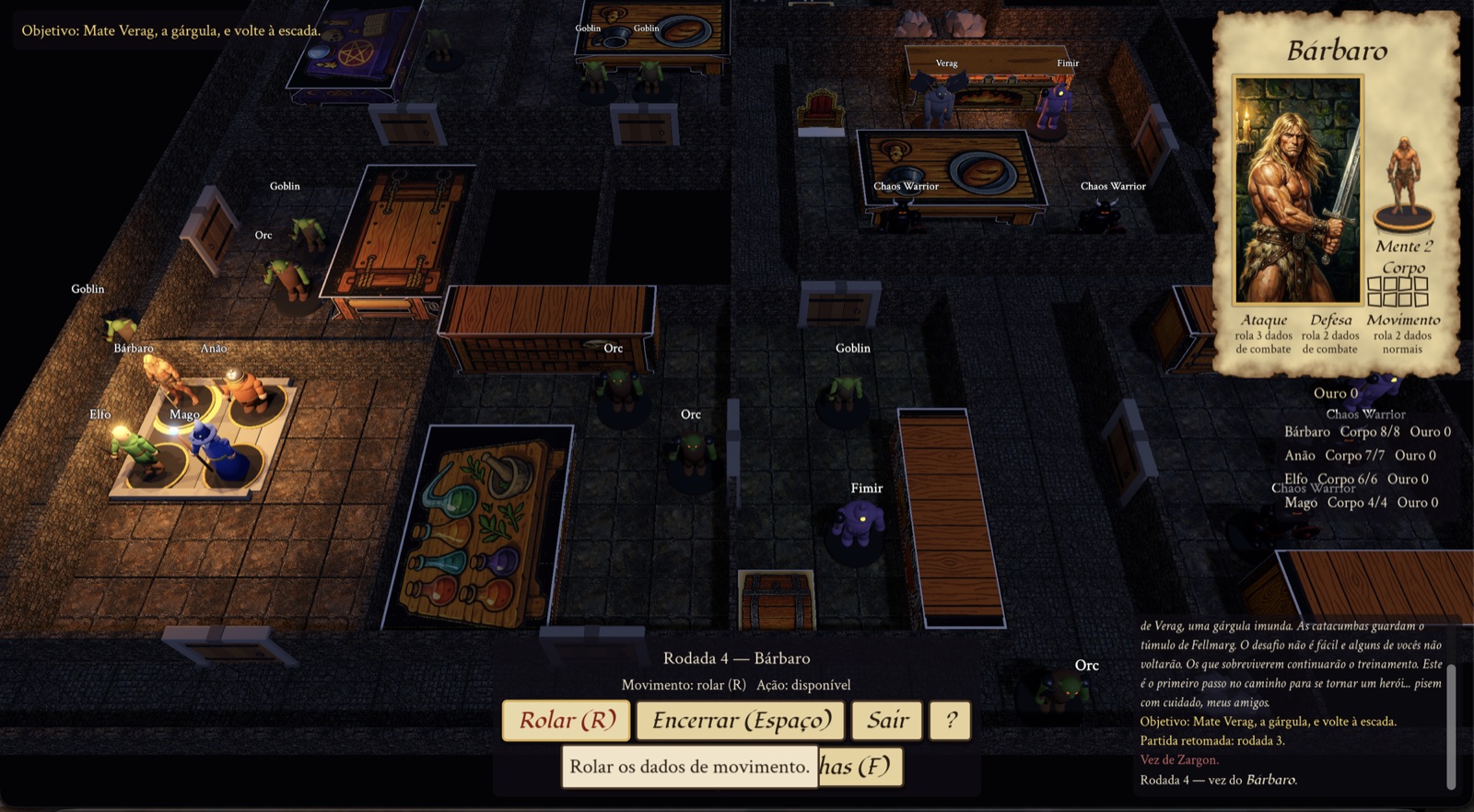 Captura de outra quest: os heróis começam na sala da escada de uma masmorra grande cheia de goblins, orcs, Chaos Warriors e um Fimir; a ficha do Bárbaro fica no canto superior direito e o texto da quest no inferior.